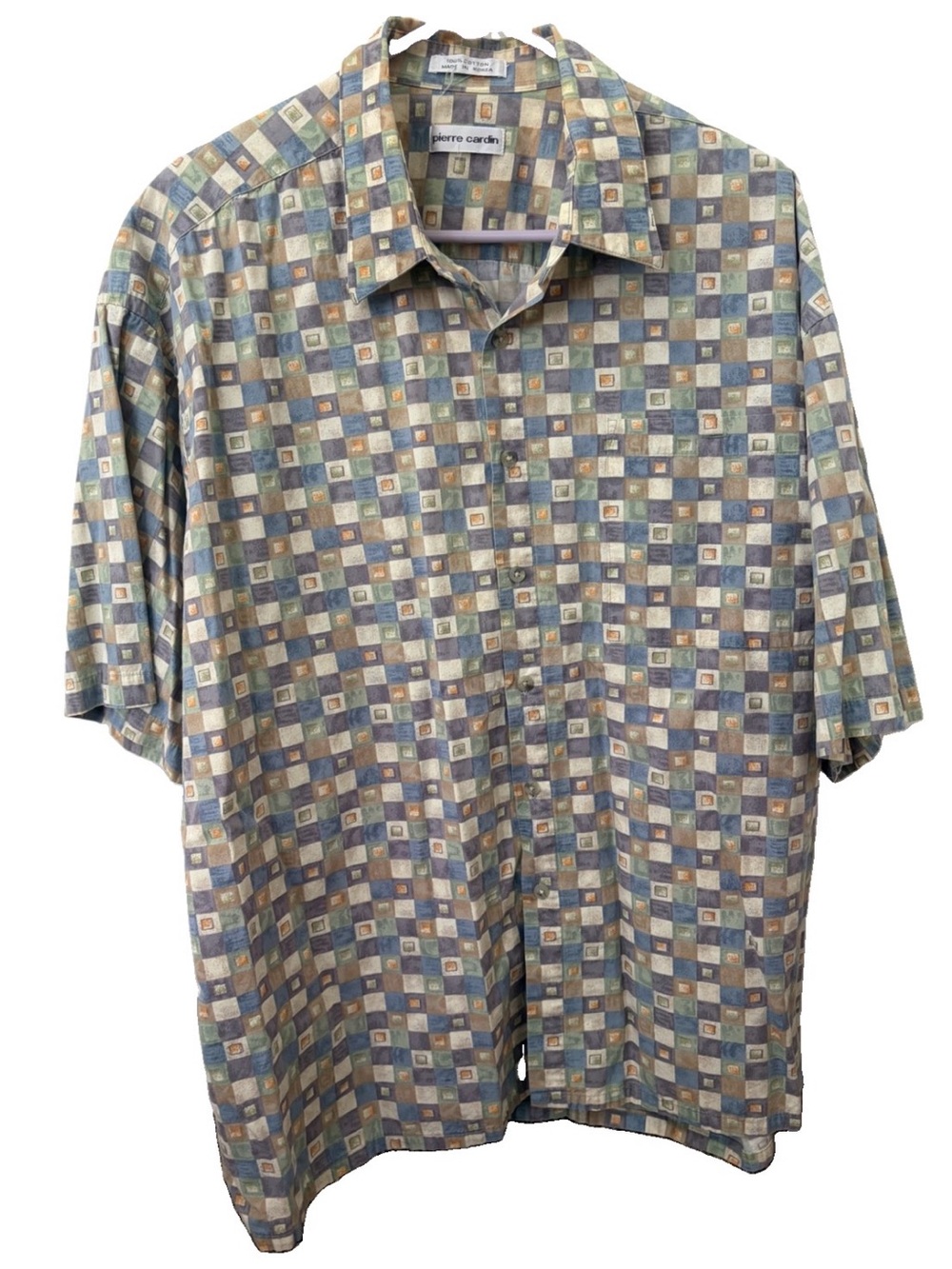 Pierre Cardin Shirt Mens Extra Large Green Yellow Tile 90's Look Retro Hawaiian